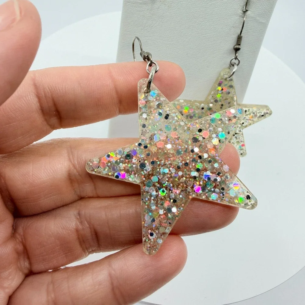 Vintage Y2K Chunky Resin Star Glitter Earrings Silver Tone Dangle Celestial Hook